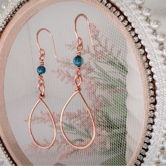 Artisan Jewelry - Hammered Copper Wire Wrap Earrings with Blue River Shell Beads